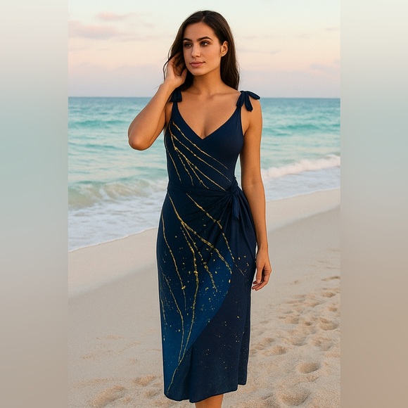 NEW Swimsuit + Sarong  Set,  blue and gold - #SW-SAR-0004 - Picture 12 of 14